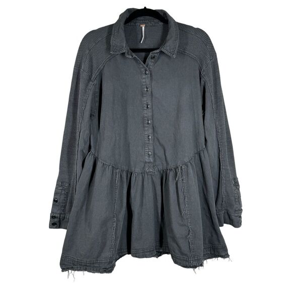 Free People Kenny Denim Mini Dress Ruffled Detail Frayed Hem Black Medium